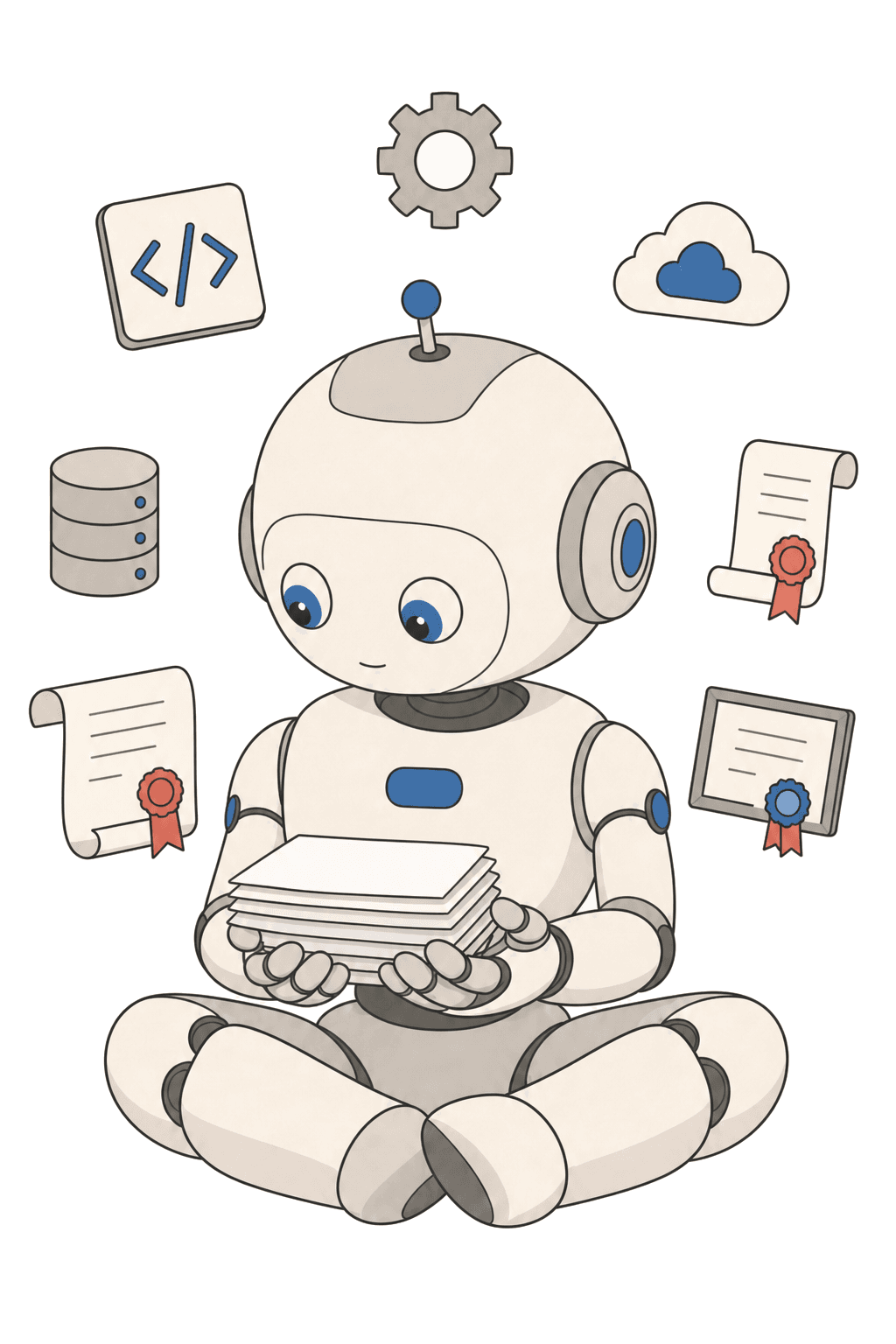 Illustration of a small robot reading a stack of papers, surrounded by tech icons and certificates